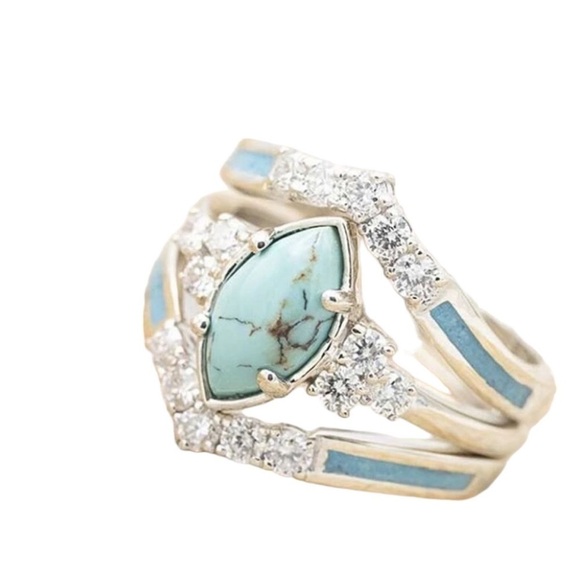 Versatile Elegant & Fashionable Turquoise & Rhinestone Decor 3 Piece Ring Set - Picture 3 of 8